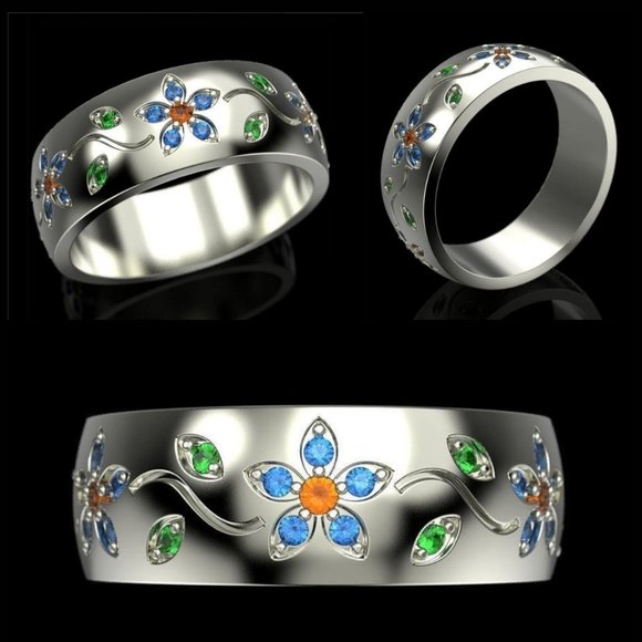 Colorful Small Flower Vine Silver Ring - Picture 7 of 7